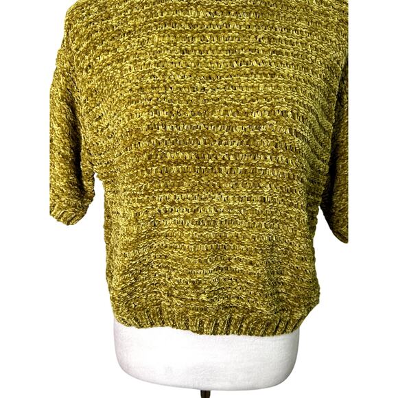 Open Edit Sweater Short Sleeve Crop Jumper Loose Knit Green Gold W Medium NWT - Picture 4 of 10